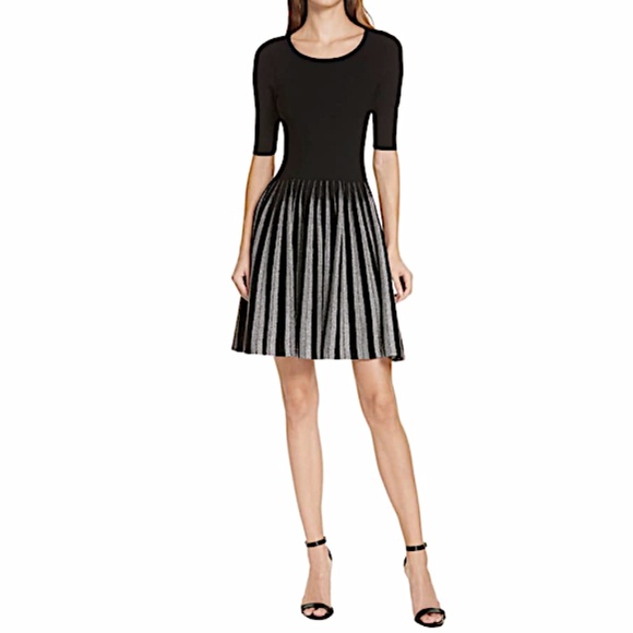 Milly Dresses & Skirts - Milly Scoop-Neck Elbow-Sleeve Fit-and-Flare Metallic Pleated Dress